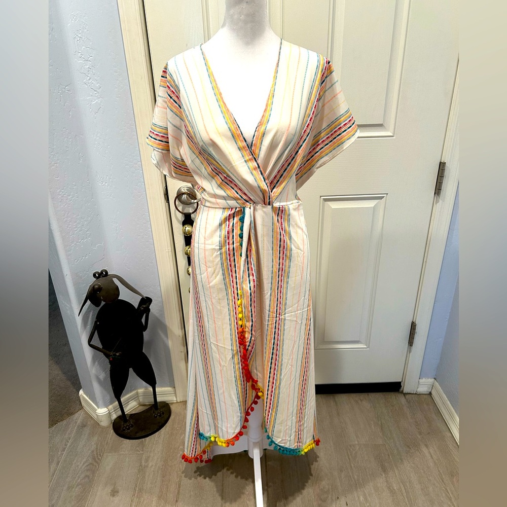 Women’s Multicolor Striped Swim Coverup with Pom Trim